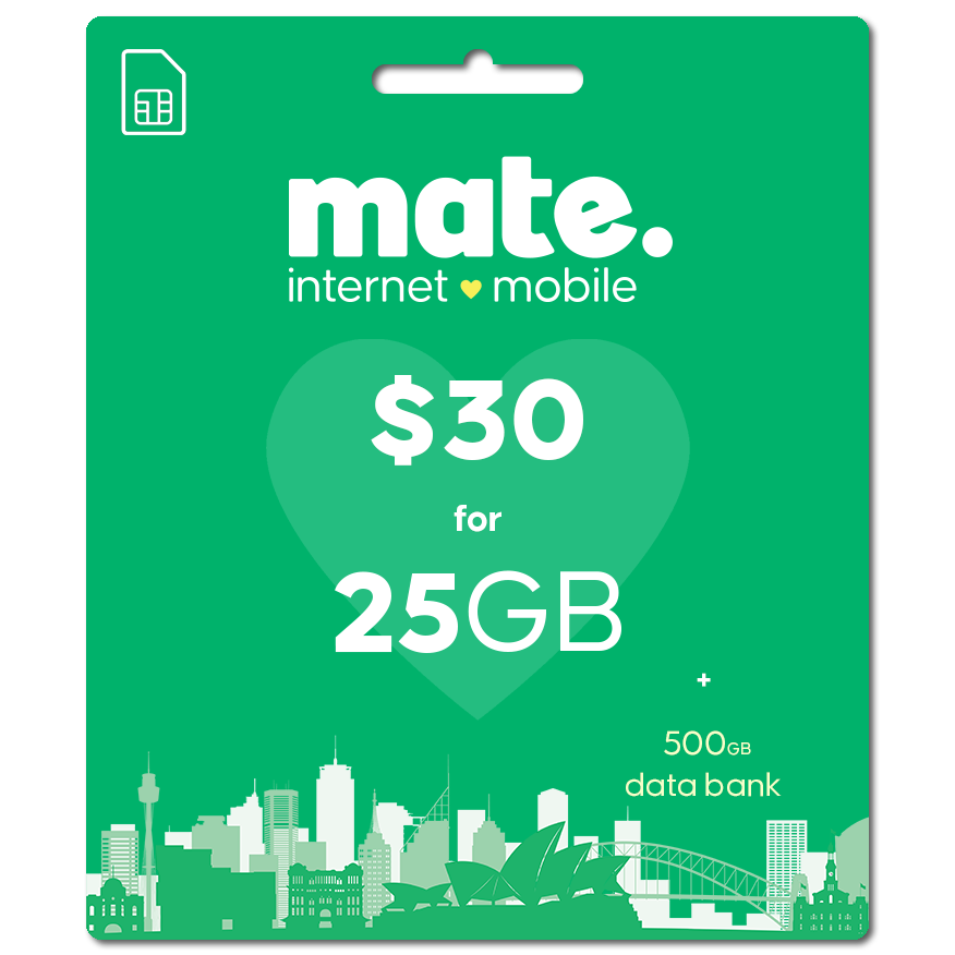 Mate Sim Card Mobile Plan Pack $30 For 25gb