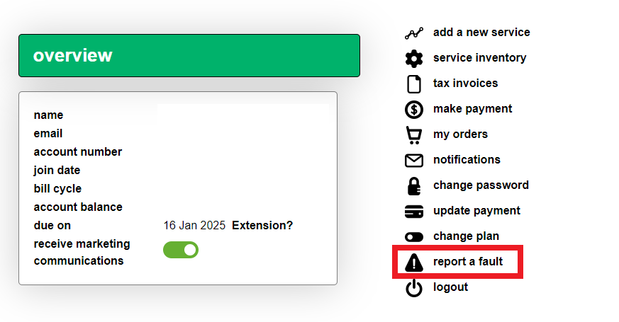 Screenshot showing the ‘Report a Fault’ button location in MATE's self-care portal.