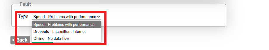 Screenshot of the 'Report a Fault' page in MATE's self-care portal, showing a dropdown menu under the "Fault" section with options like "Speed - Problems with performance," "Dropouts - Intermittent Internet," and "Offline - No data flow."