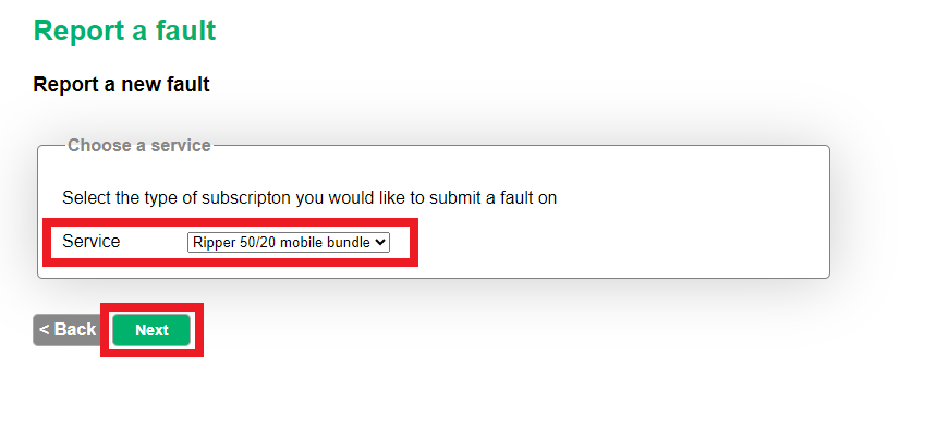 Screenshot of the 'Report a Fault' page in MATE's self-care portal, showing a dropdown menu to select a service type and a highlighted 'Next' button to proceed.