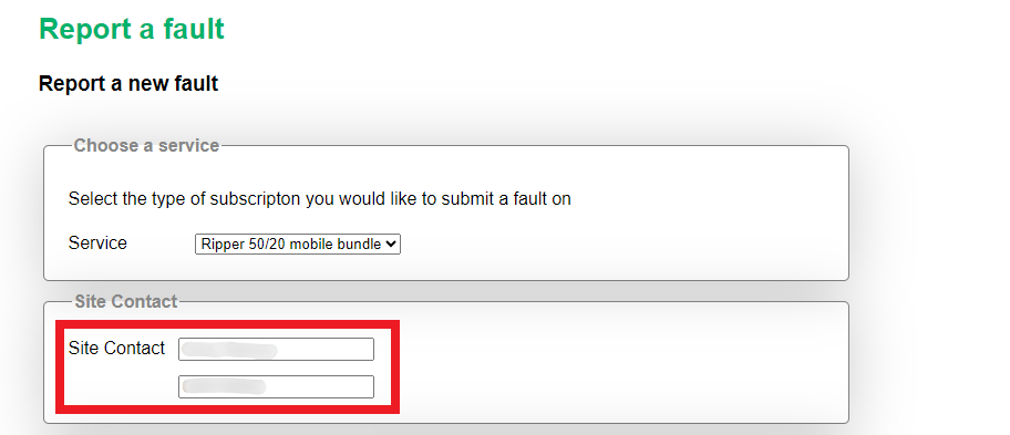 Screenshot of the 'Report a Fault' page in MATE's self-care portal, showing the dropdown menu for selecting a service type and fields for entering site contact details.