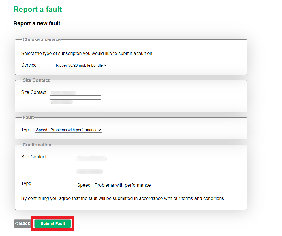 Screenshot of the 'Report a Fault' page in MATE's self-care portal, showing the completed form with selected service type, site contact details, fault type, and a highlighted 'Submit Fault' button.