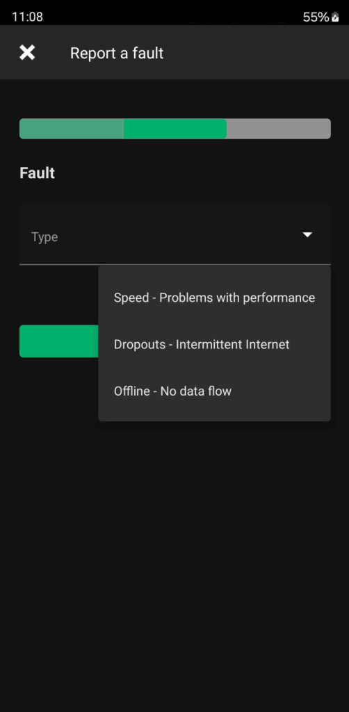 Screenshot of the 'Report a Fault' screen in the MATE mymate app, showing a dropdown menu for selecting a fault type with options like "Speed - Problems with performance," "Dropouts - Intermittent Internet," and "Offline - No data flow."