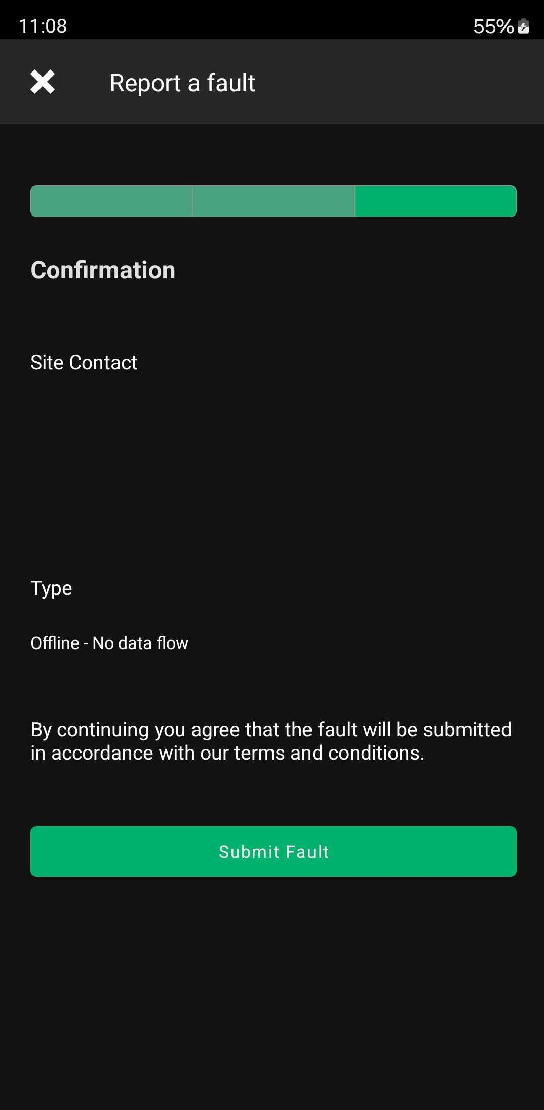 Screenshot of the 'Report a Fault' confirmation screen in the MATE mymate app, showing the entered site contact and fault type with a highlighted 'Submit Fault' button.