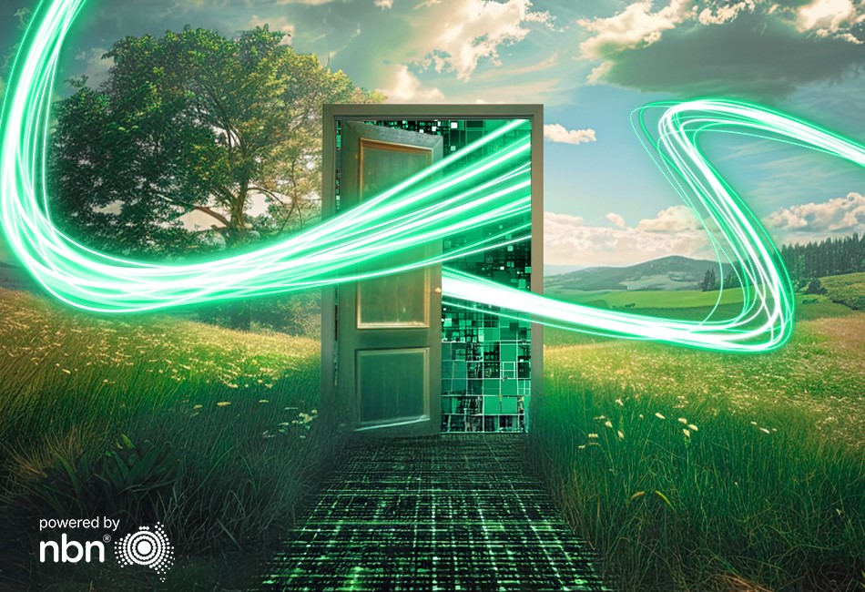 open door with digital light trails in a grassy field by the nbn.