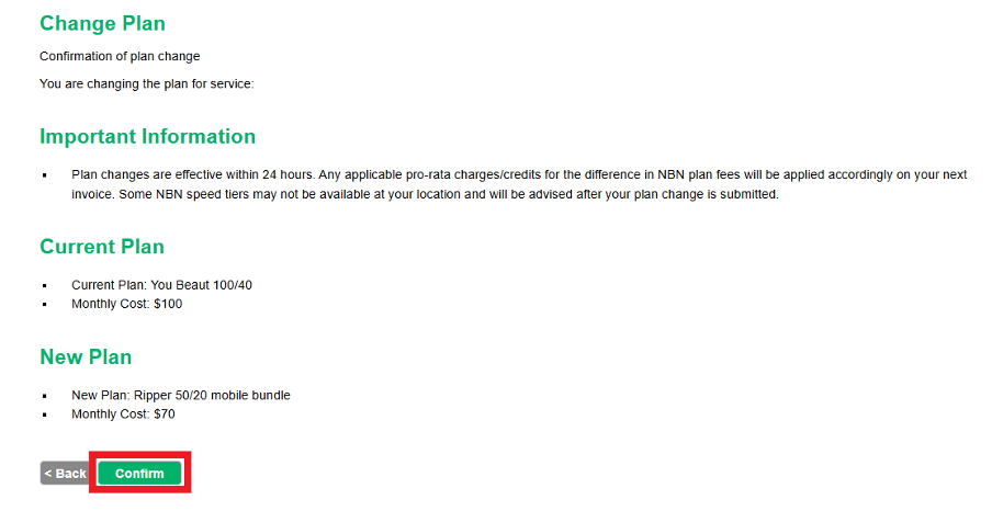 Screenshot showing the confirm button to finalise your NBN plan change in MATE's self-care portal